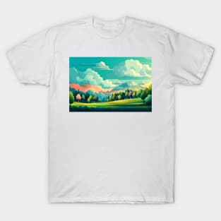 Abstract landscape with hills and trees and cloudy sky. T-Shirt